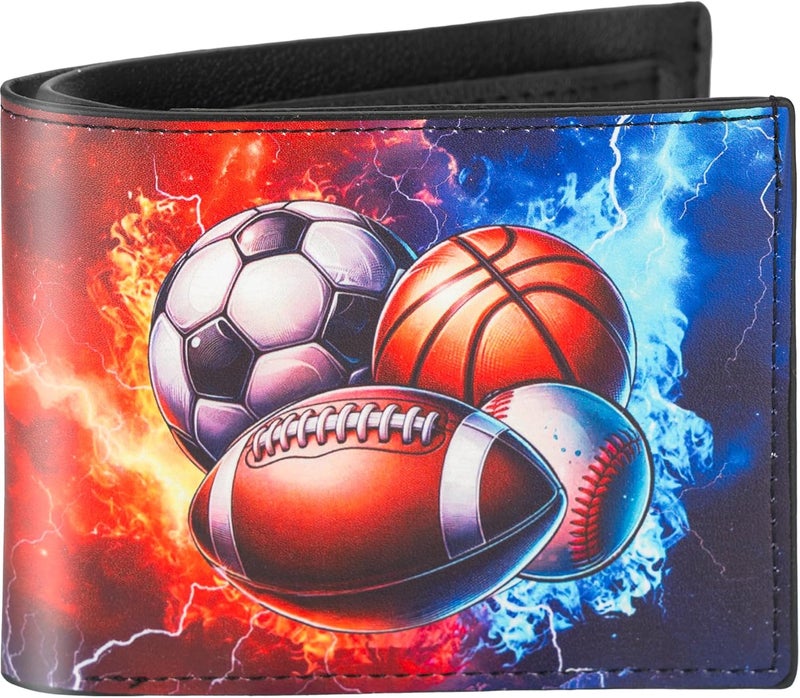 Fonwill Teen Boys Wallet, Birthday Gift for 5 6 7 8 9 10 11 12 Year Old Boys, Cool Balls Bifold Rfid Blocking Leather Wallet With Coin Pocket ID Window, Christmas Birthday Gift for Boy Girls Teen 3-14 Ages - Image 1